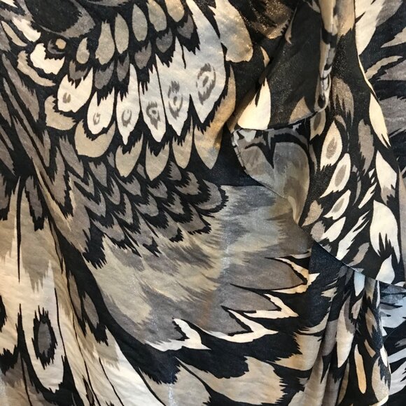 London Times Women's Metallic Peacock Print Cascading Ruffle Midi Dress Size 8 - Picture 6 of 11